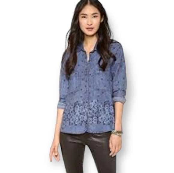 Free People Dottie Over You Chambray Button Up Floral and Plaid Blouse Medium - Picture 9 of 16